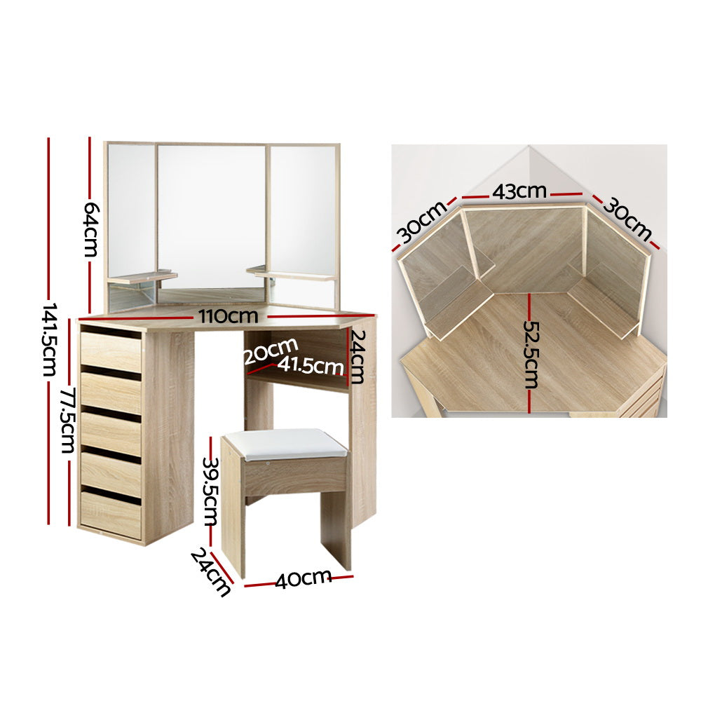 Dressing Vanity & Dressing Tables: Artiss Dressing Table Stool Set Corner 5 Drawers Oak