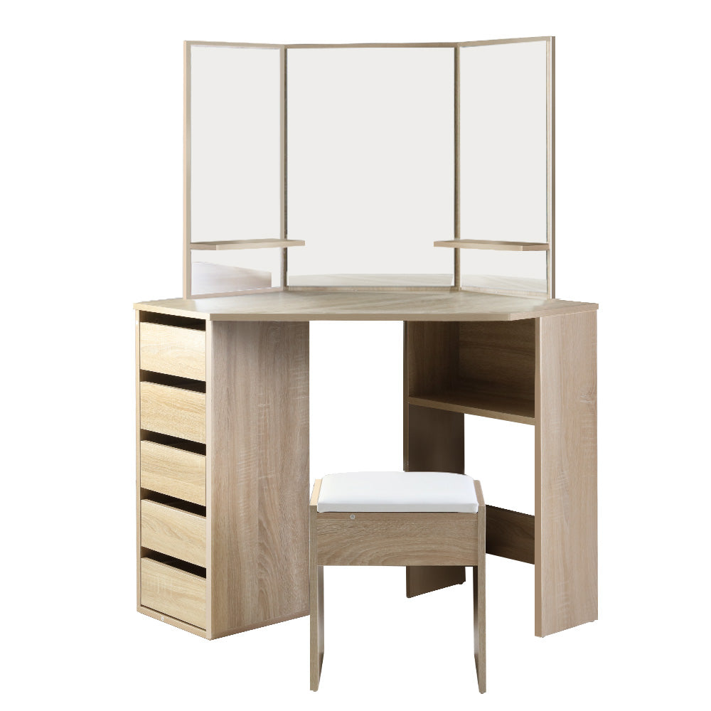 Dressing Vanity & Dressing Tables: Artiss Dressing Table Stool Set Corner 5 Drawers Oak