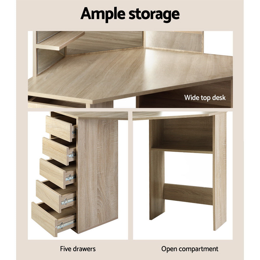 Dressing Vanity & Dressing Tables: Artiss Dressing Table Stool Set Corner 5 Drawers Oak