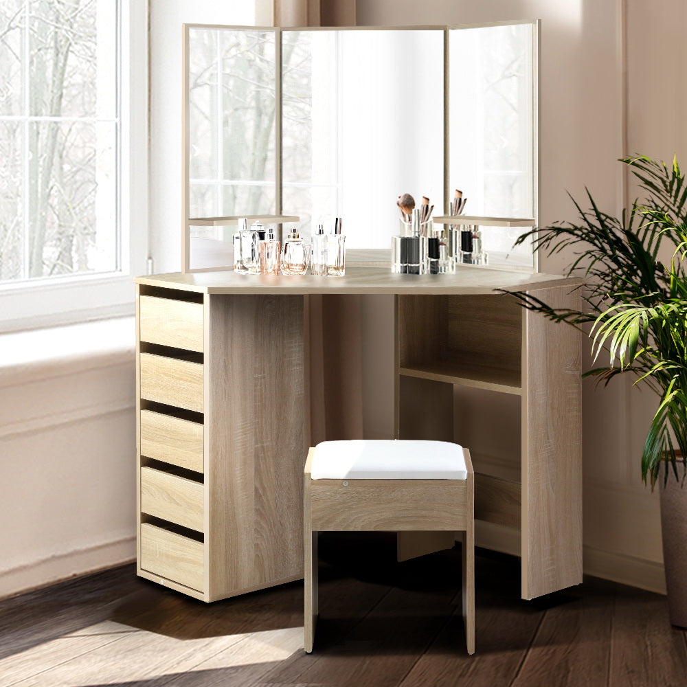 Dressing Vanity & Dressing Tables: Artiss Dressing Table Stool Set Corner 5 Drawers Oak