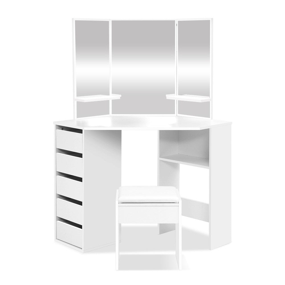 Dressing Vanity & Dressing Tables: Artiss Dressing Table Stool Set Corner 5 Drawers White