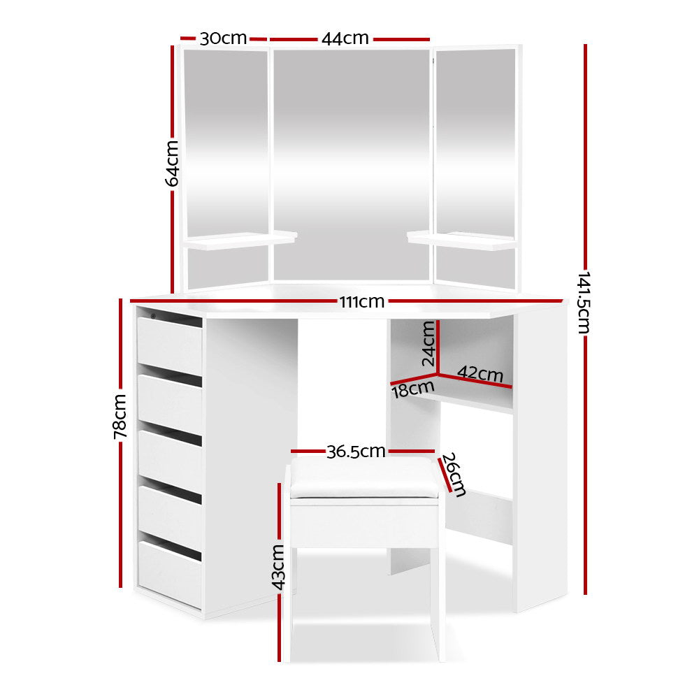 Dressing Vanity & Dressing Tables: Artiss Dressing Table Stool Set Corner 5 Drawers White