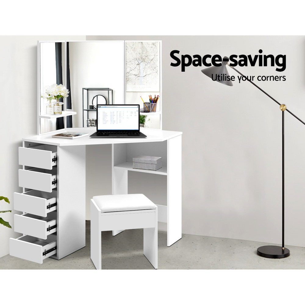 Dressing Vanity & Dressing Tables: Artiss Dressing Table Stool Set Corner 5 Drawers White