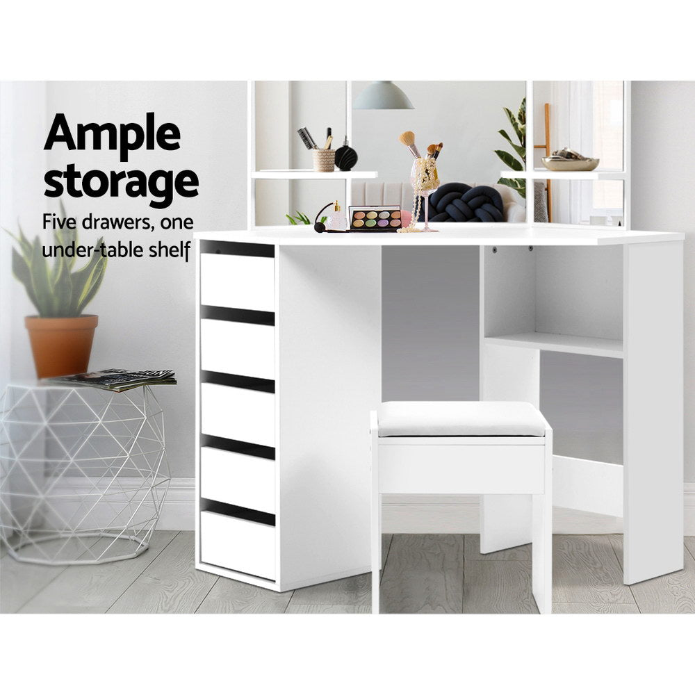 Dressing Vanity & Dressing Tables: Artiss Dressing Table Stool Set Corner 5 Drawers White