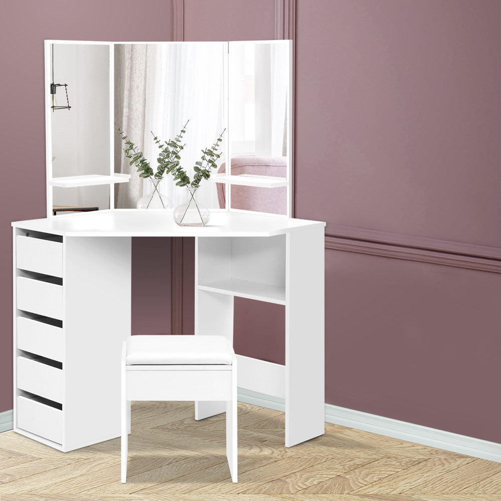 Dressing Vanity & Dressing Tables: Artiss Dressing Table Stool Set Corner 5 Drawers White