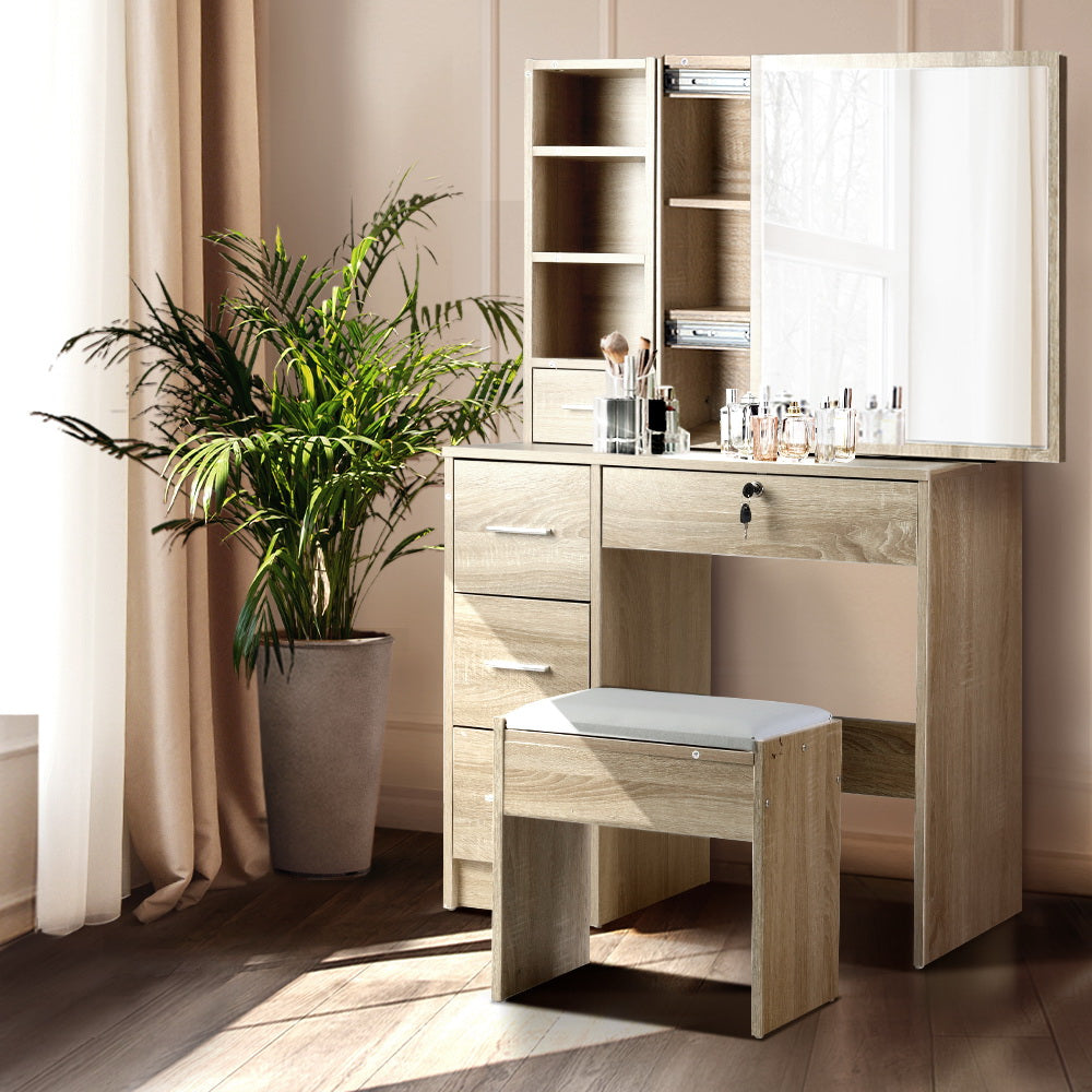 Dressing Vanity & Dressing Tables: Artiss Dressing Table Stool Set Sliding Mirror Oak Diane