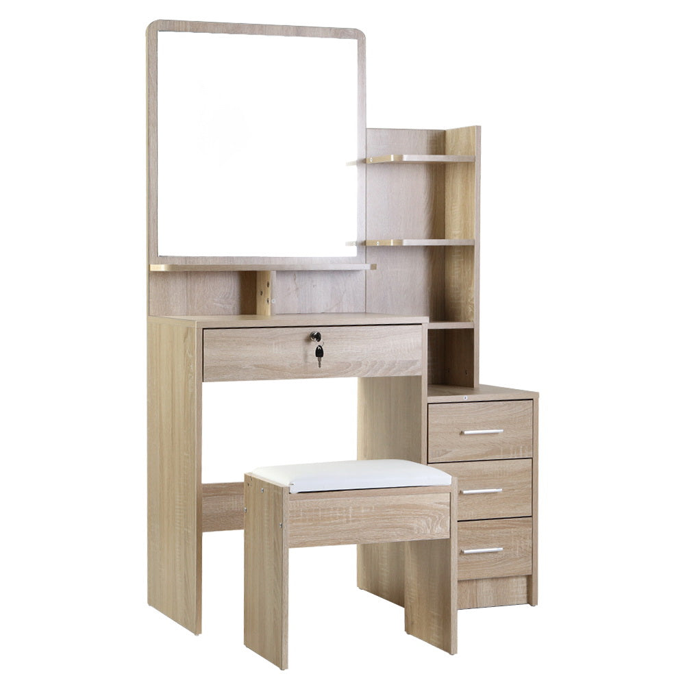 Dressing Vanity & Dressing Tables: Artiss Dressing Table Stool Set 4 Drawers Oak