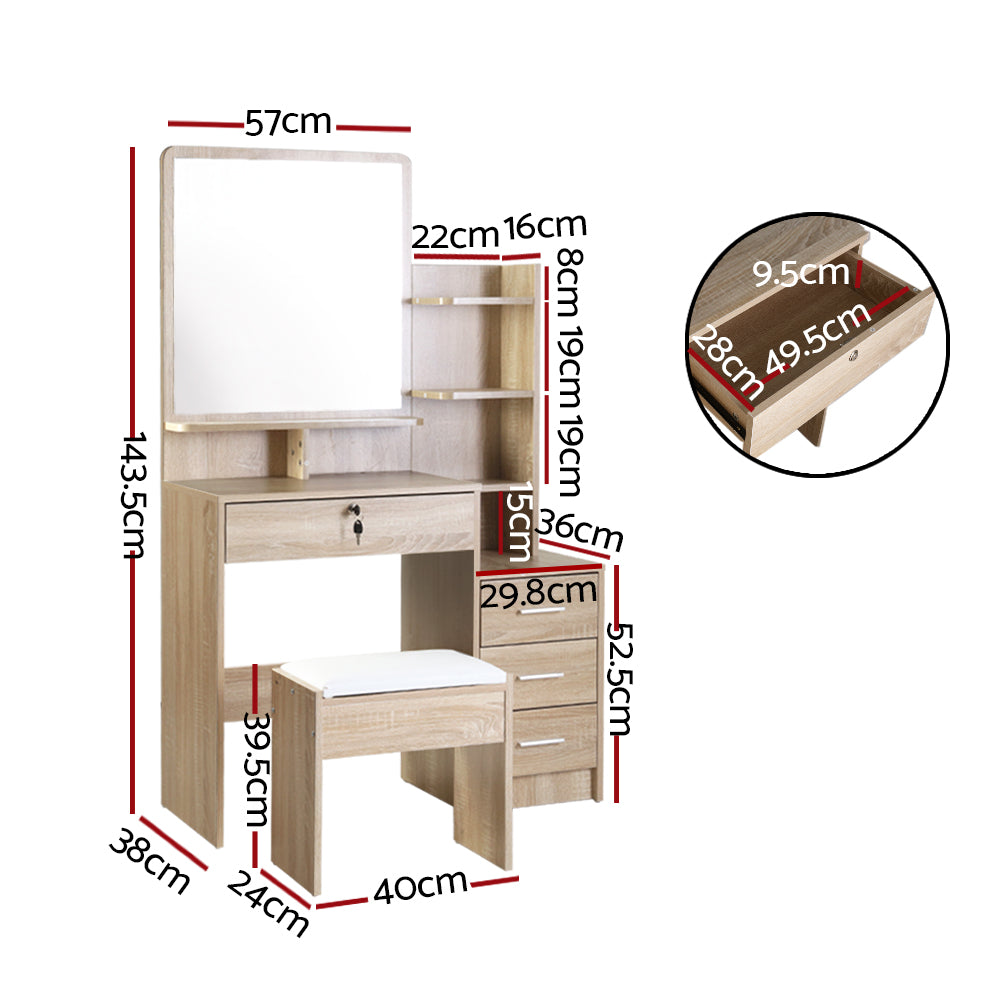 Dressing Vanity & Dressing Tables: Artiss Dressing Table Stool Set 4 Drawers Oak