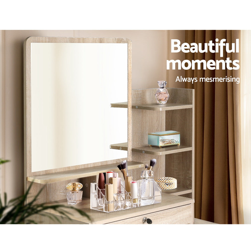 Dressing Vanity & Dressing Tables: Artiss Dressing Table Stool Set 4 Drawers Oak