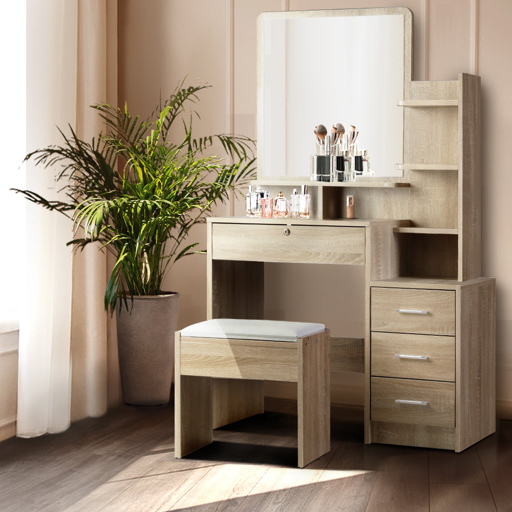 Dressing Vanity & Dressing Tables: Artiss Dressing Table Stool Set 4 Drawers Oak