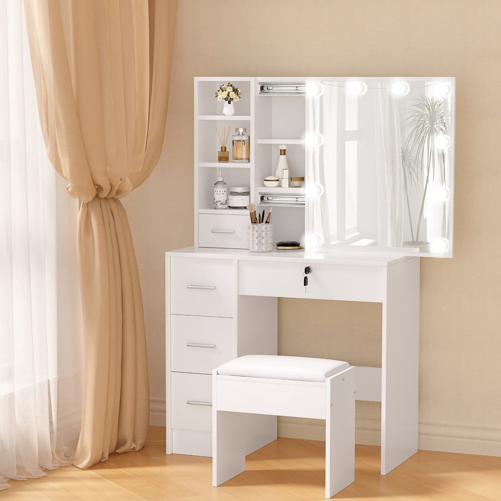 Dressing Vanity & Dressing Tables: Artiss Dressing Table Set Stool 10 Led Bulbs White Dylan
