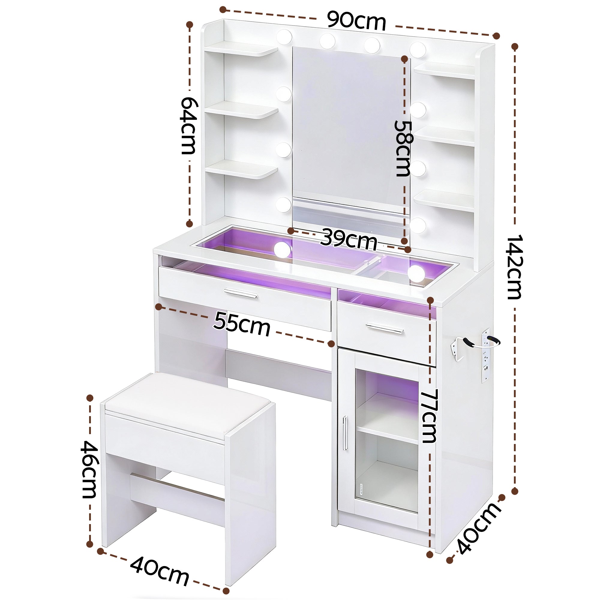 Dressing Vanity & Dressing Tables: Artiss Dressing Table Vanity Desk Set 10 LED Bulbs RGB Light White