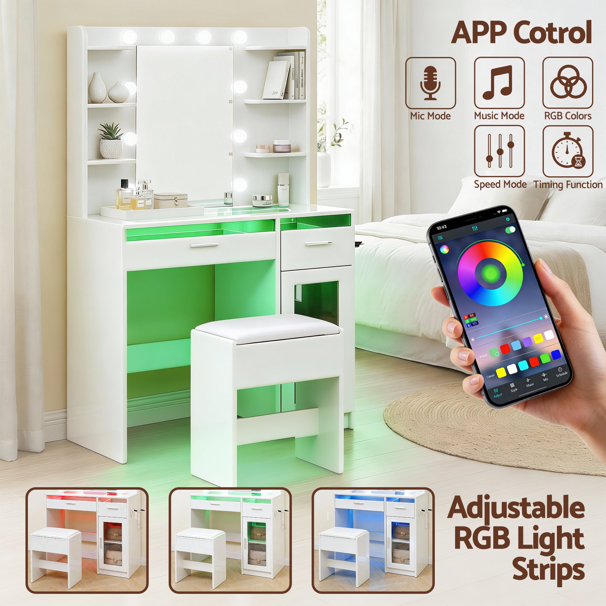 Dressing Vanity & Dressing Tables: Artiss Dressing Table Vanity Desk Set 10 LED Bulbs RGB Light White