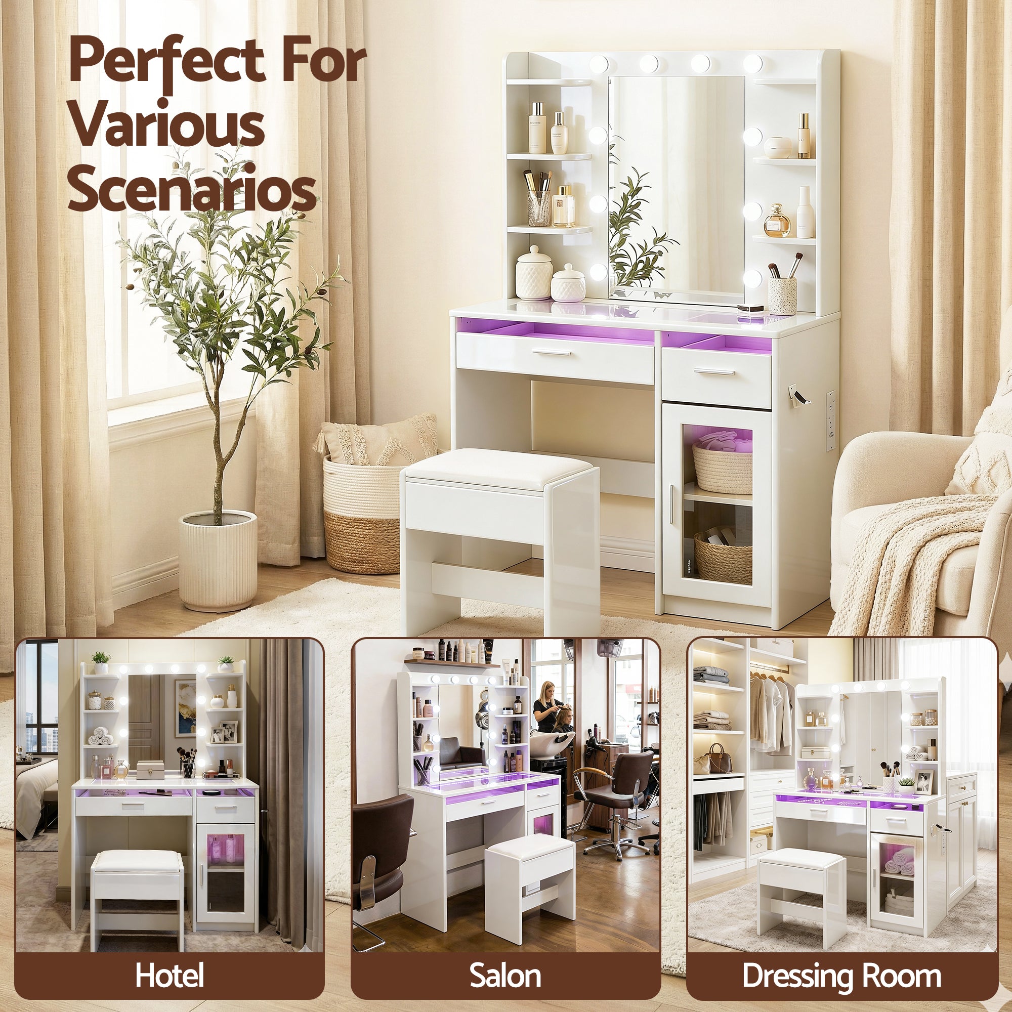 Dressing Vanity & Dressing Tables: Artiss Dressing Table Vanity Desk Set 10 LED Bulbs RGB Light White