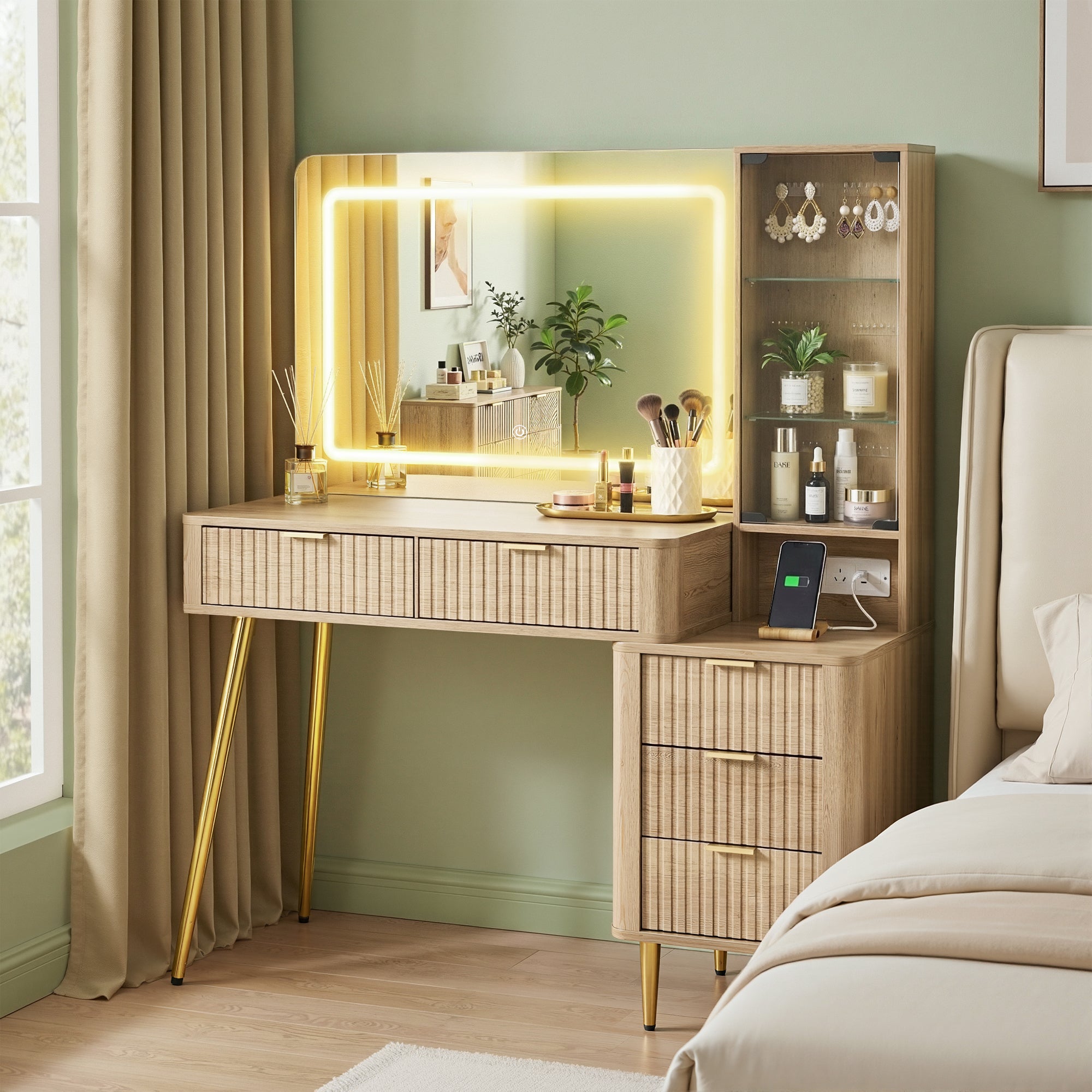 Dressing Vanity & Dressing Tables: Artiss Dressing Table LED Vanity Desk Charging Station Wood