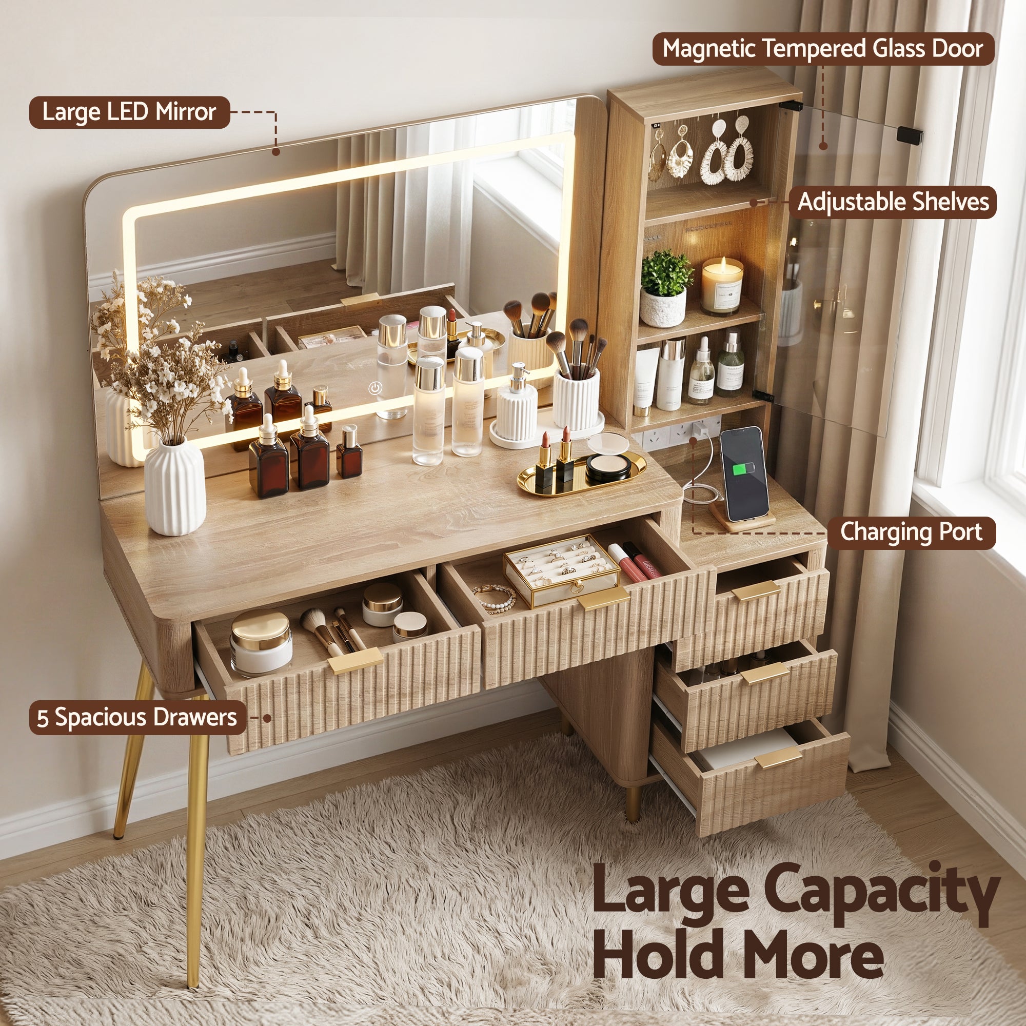 Dressing Vanity & Dressing Tables: Artiss Dressing Table LED Vanity Desk Charging Station Wood
