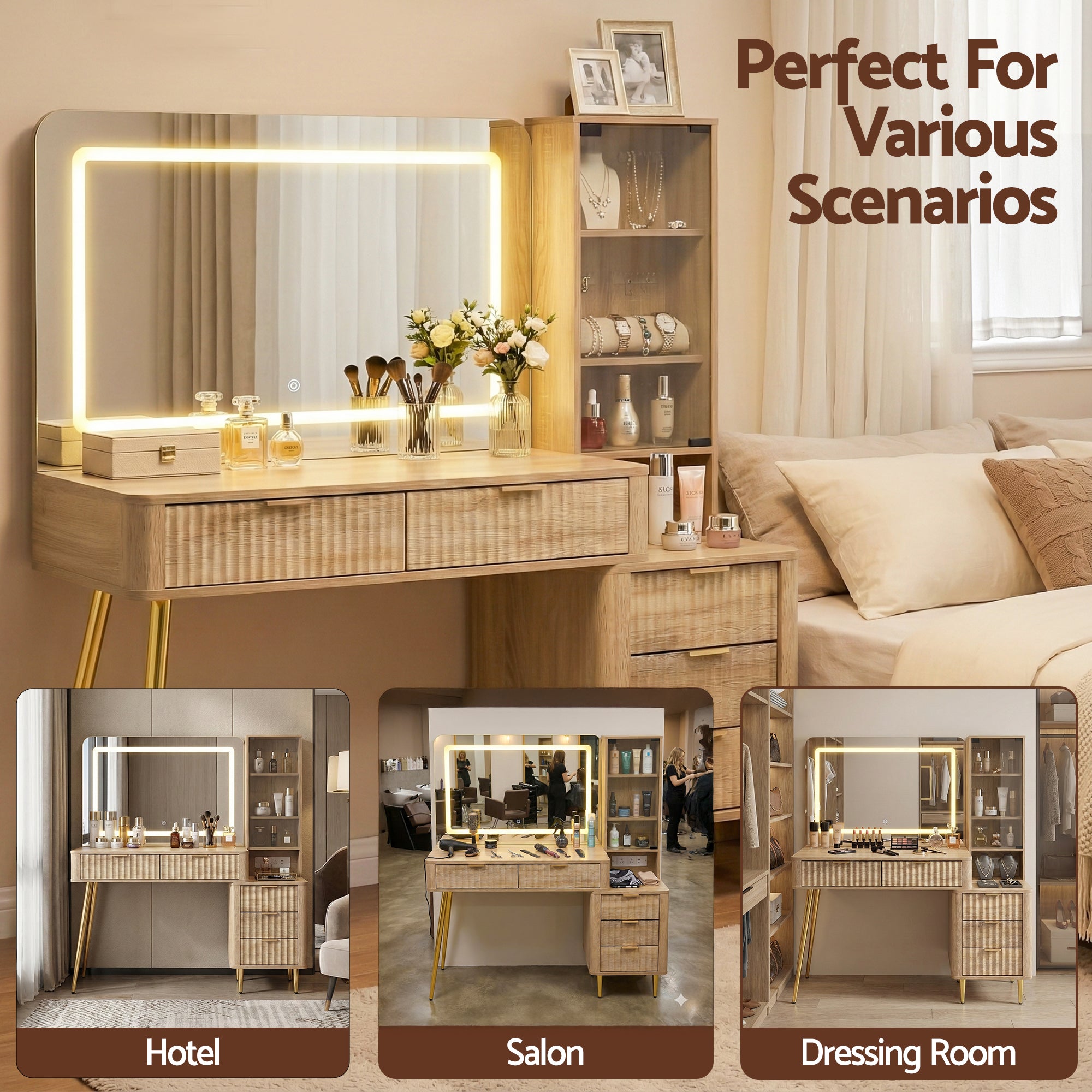 Dressing Vanity & Dressing Tables: Artiss Dressing Table LED Vanity Desk Charging Station Wood