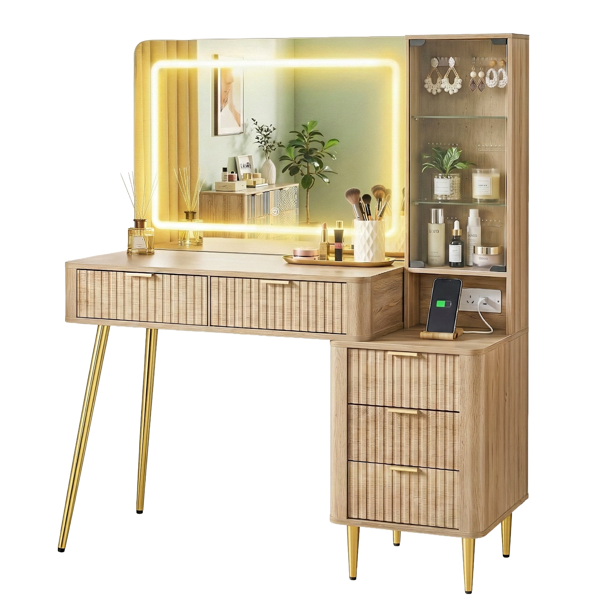 Dressing Vanity & Dressing Tables: Artiss Dressing Table LED Vanity Desk Charging Station Wood