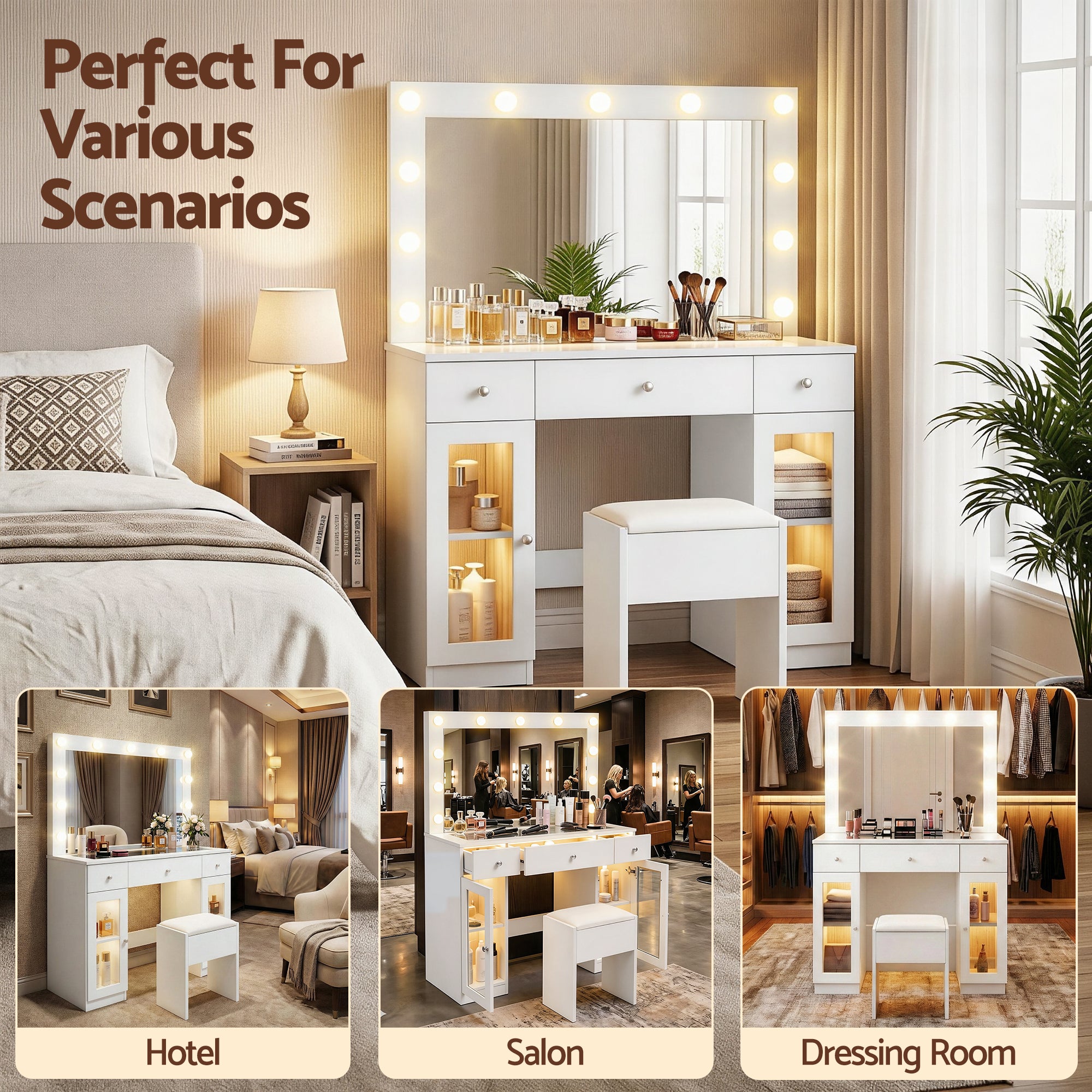 Dressing Vanity & Dressing Tables: Artiss Dressing Table Vanity Desk Set LED Bulbs RGB Light White
