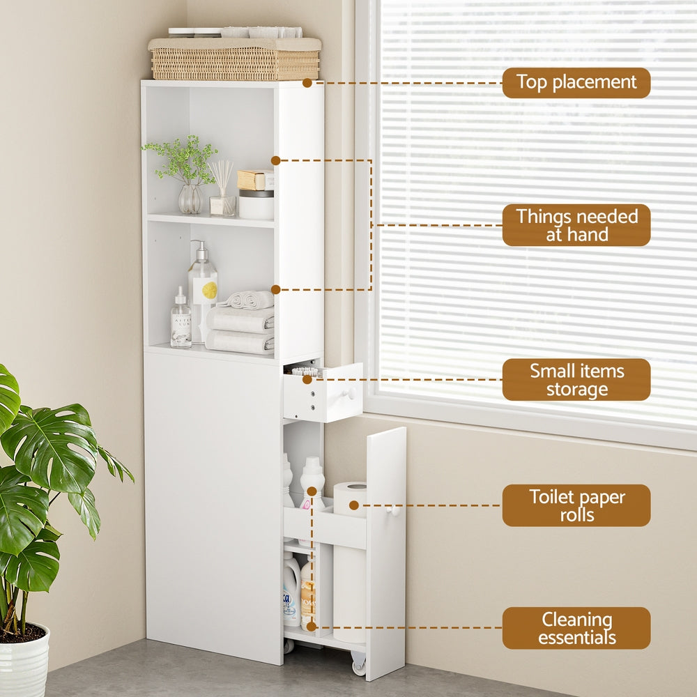 Bathroom Cabinets, Cupboards & Storage: Artiss Bathroom Cabinet Storage Slim Organiser Drawer Toilet Corner 135cm White