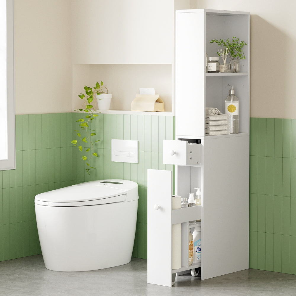 Bathroom Cabinets, Cupboards & Storage: Artiss Bathroom Cabinet Storage Slim Organiser Drawer Toilet Corner 135cm White