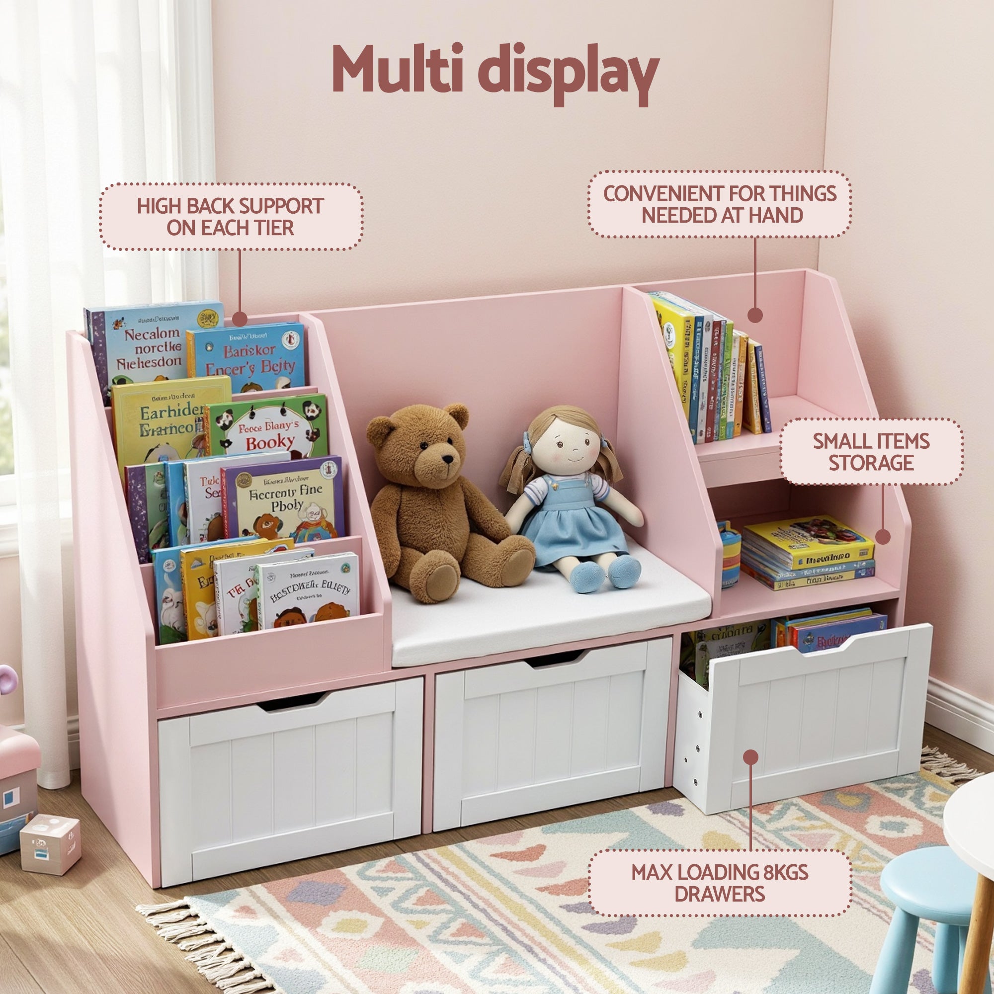 Keezi Kids Bookshelf Storage Organiser Toy Box Drawer Bench Seat Cabinet Pink