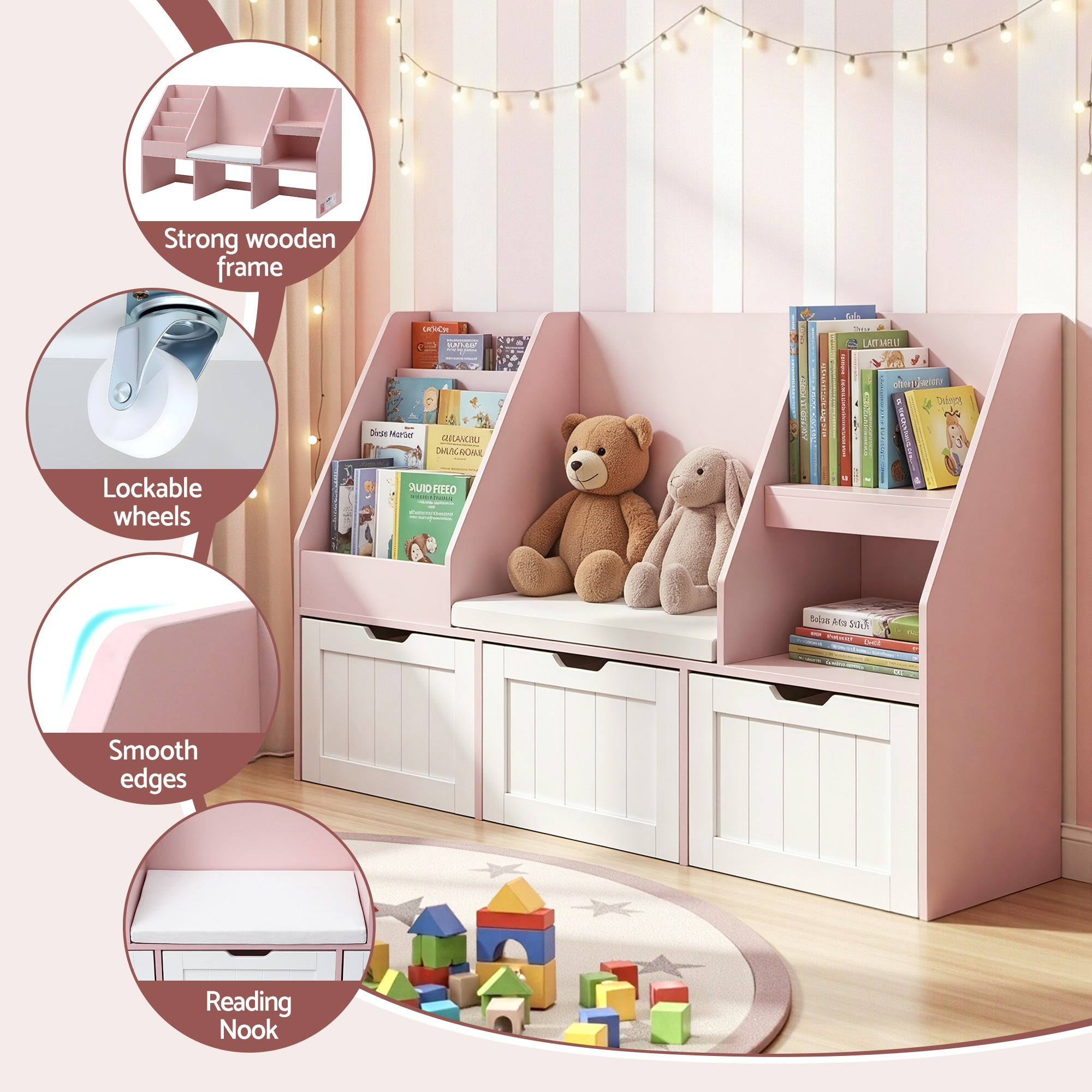 Keezi Kids Bookshelf Storage Organiser Toy Box Drawer Bench Seat Cabinet Pink