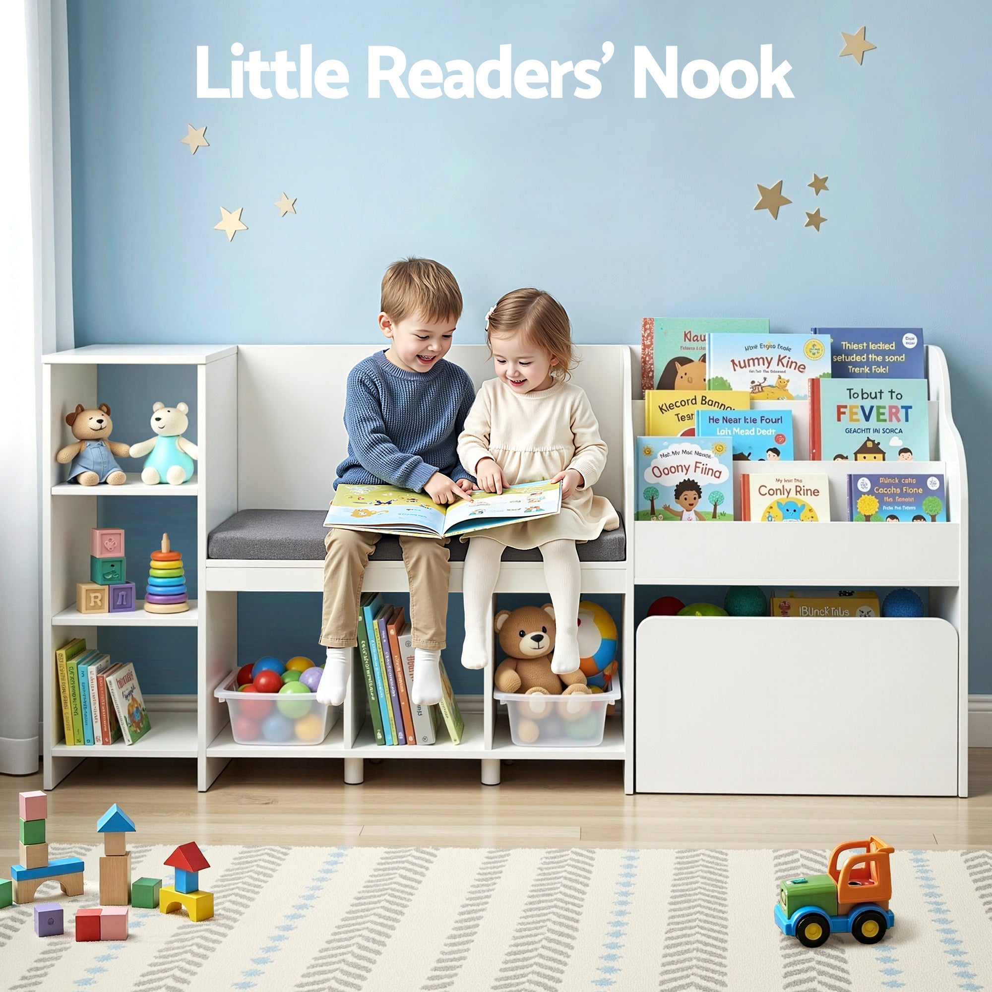 Kid's Bookcases & Shelves: Keezi Kids Storage Unit Bookshelf Toy Box Organiser Bench Seat Cabinet 170cm White