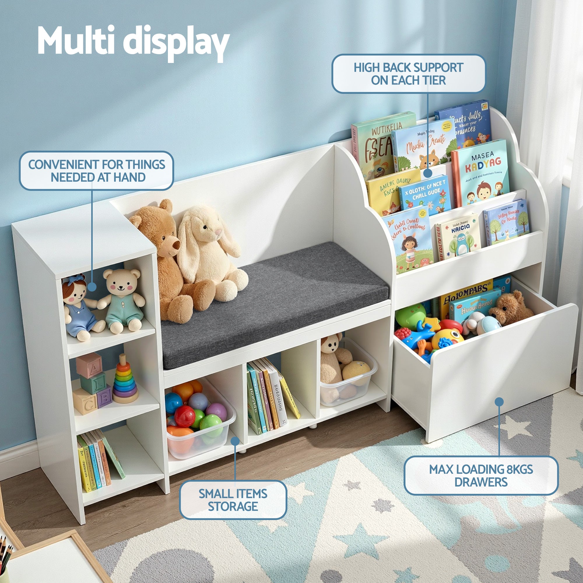 Kid's Bookcases & Shelves: Keezi Kids Storage Unit Bookshelf Toy Box Organiser Bench Seat Cabinet 170cm White