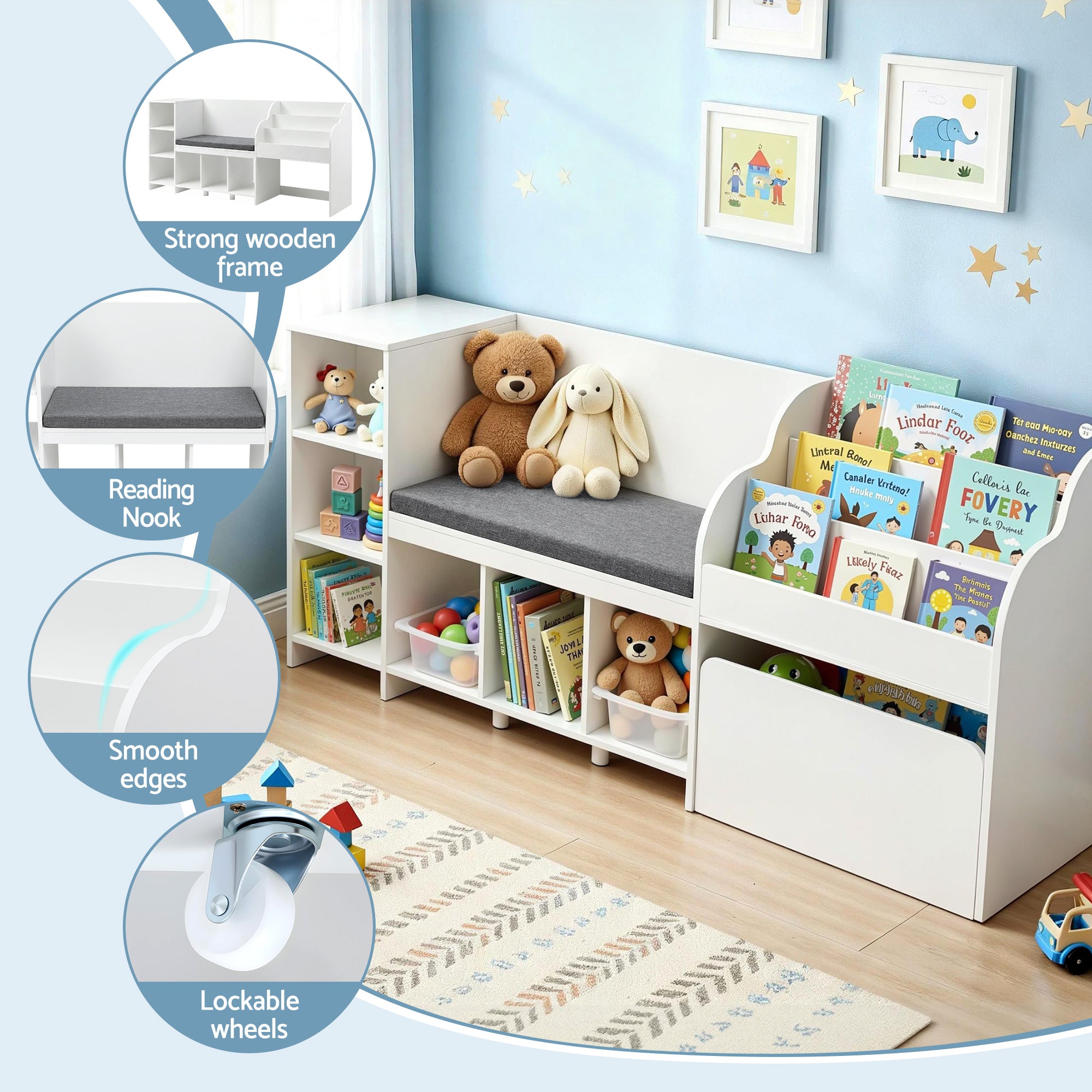 Kid's Bookcases & Shelves: Keezi Kids Storage Unit Bookshelf Toy Box Organiser Bench Seat Cabinet 170cm White