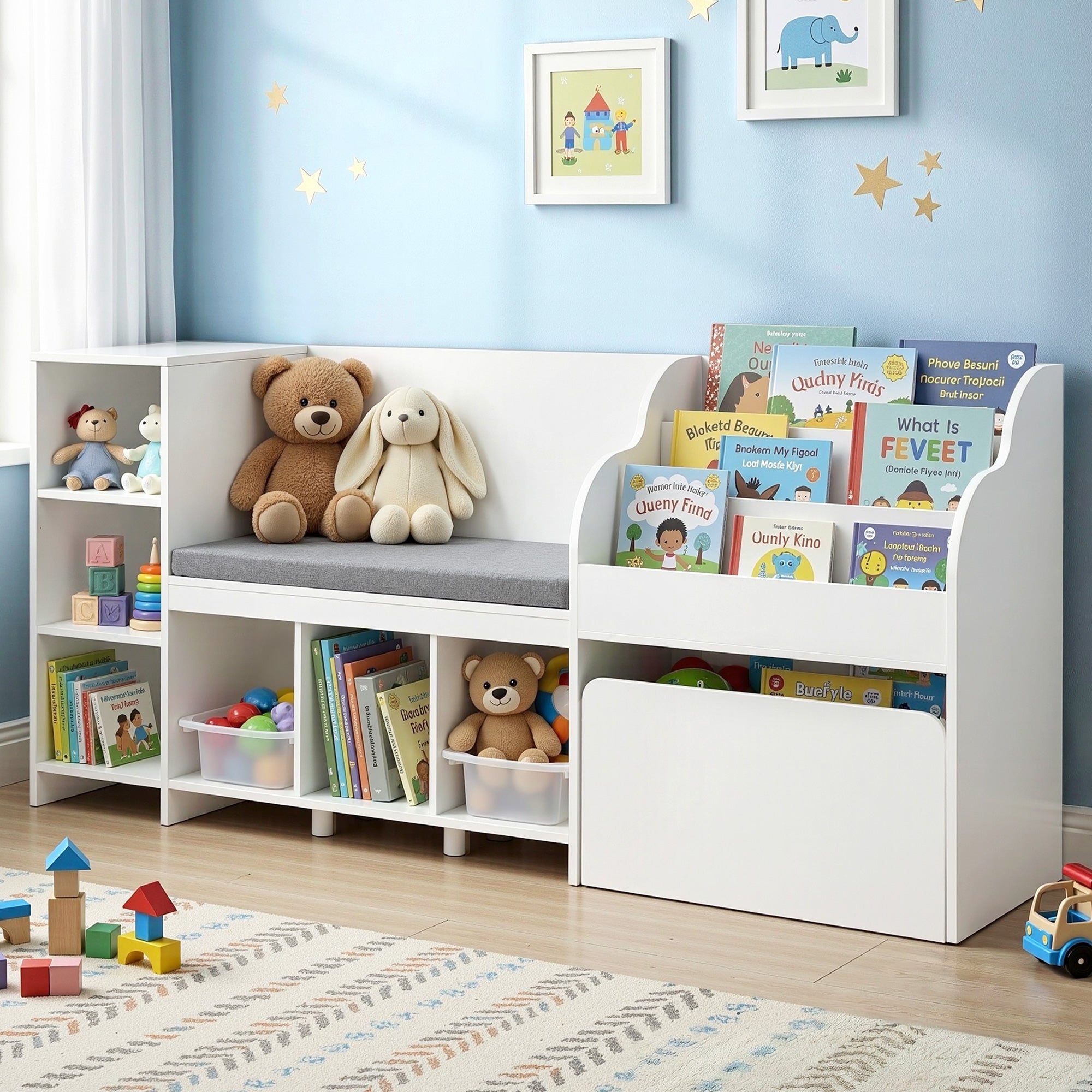 Kid's Bookcases & Shelves: Keezi Kids Storage Unit Bookshelf Toy Box Organiser Bench Seat Cabinet 170cm White