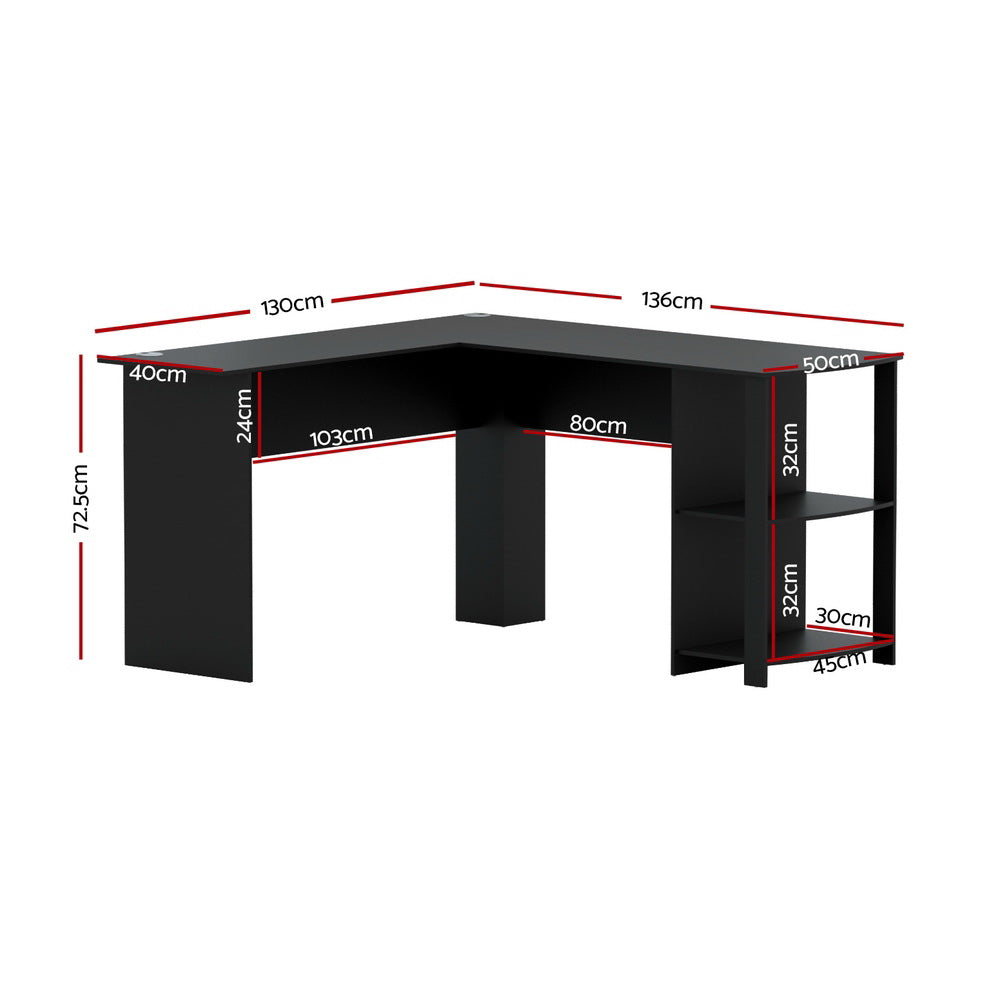 Desks: Artiss Computer Desk Shelf L-Shape Black 136CM