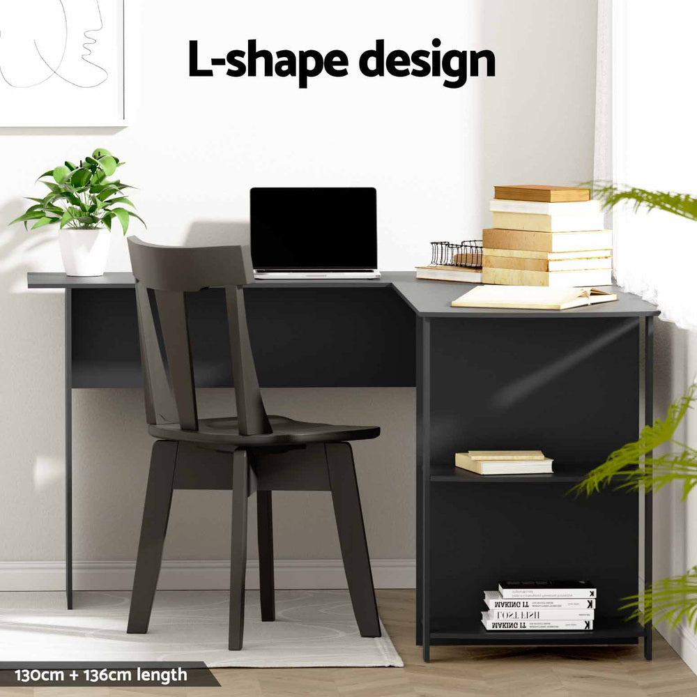 Desks: Artiss Computer Desk Shelf L-Shape Black 136CM