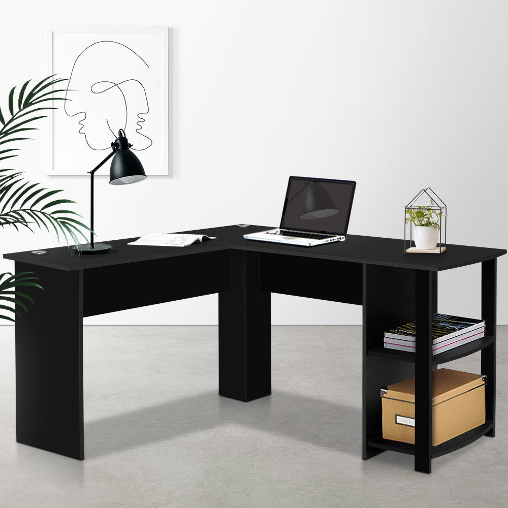 Desks: Artiss Computer Desk Shelf L-Shape Black 136CM