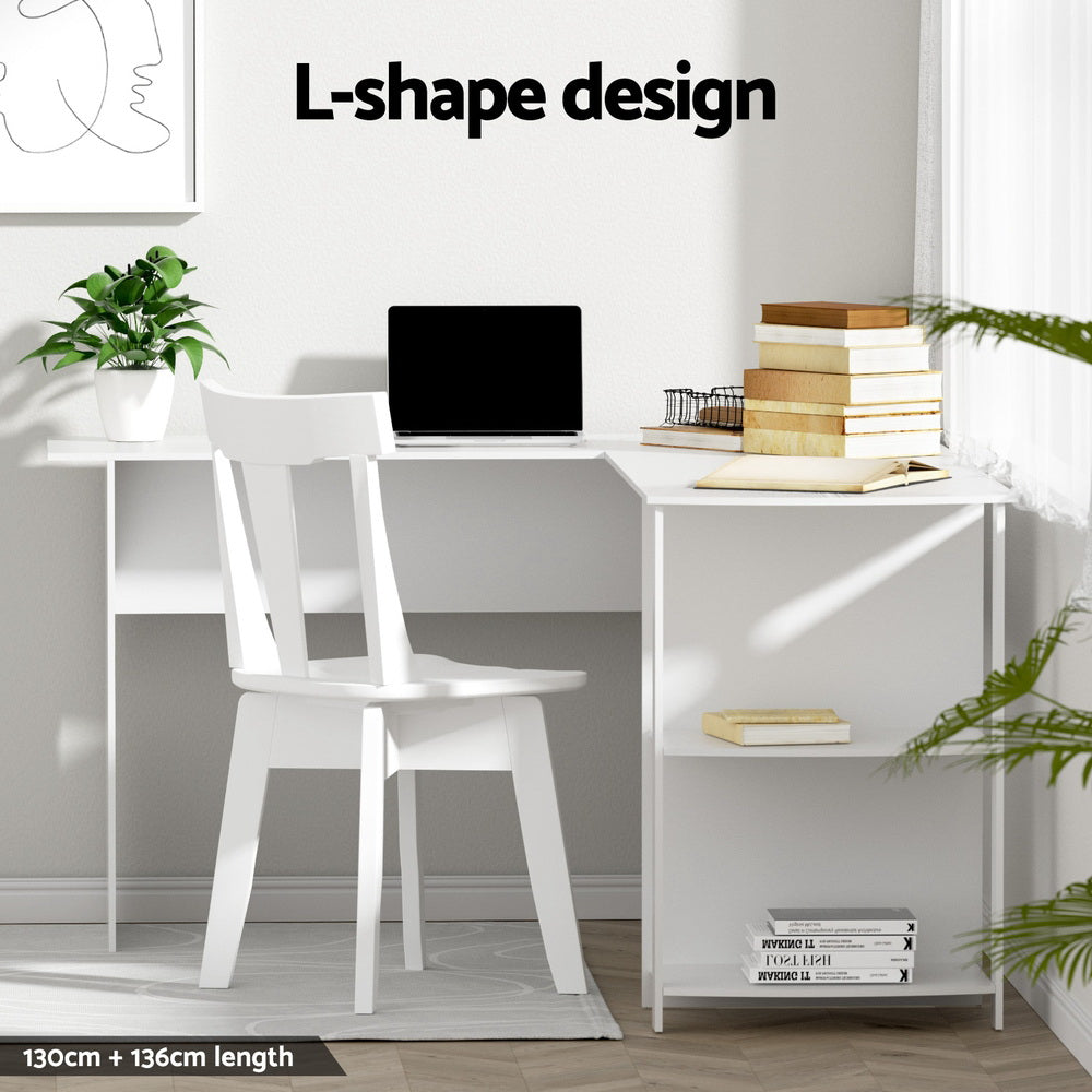 Desks: Artiss Computer Desk Shelf L-Shape White 136CM