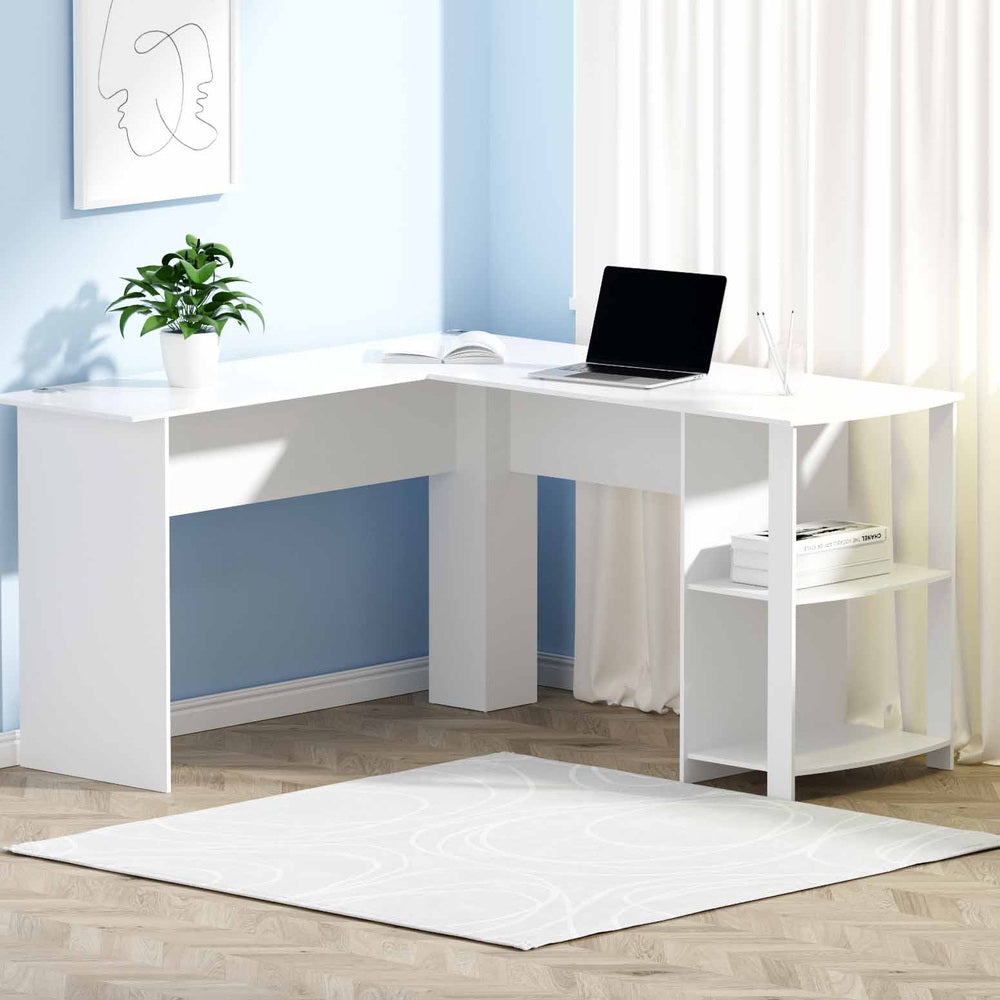 Desks: Artiss Computer Desk Shelf L-Shape White 136CM