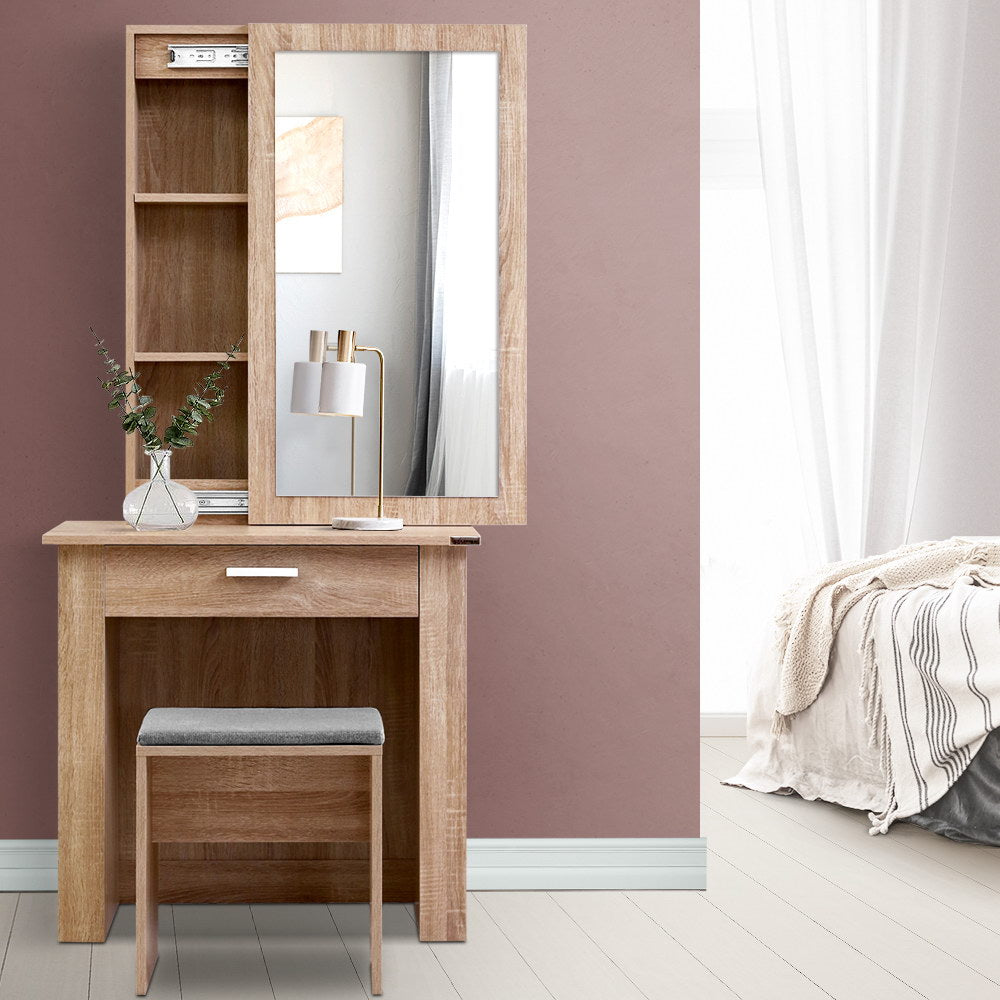 Dressing Vanity & Dressing Tables: Artiss Dressing Table Stool Set Sliding Mirror Oak Demi