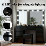 Dressing Vanity & Dressing Tables: Artiss Dressing Table Vanity Desk Set Stool 12 Led Bulbs Black