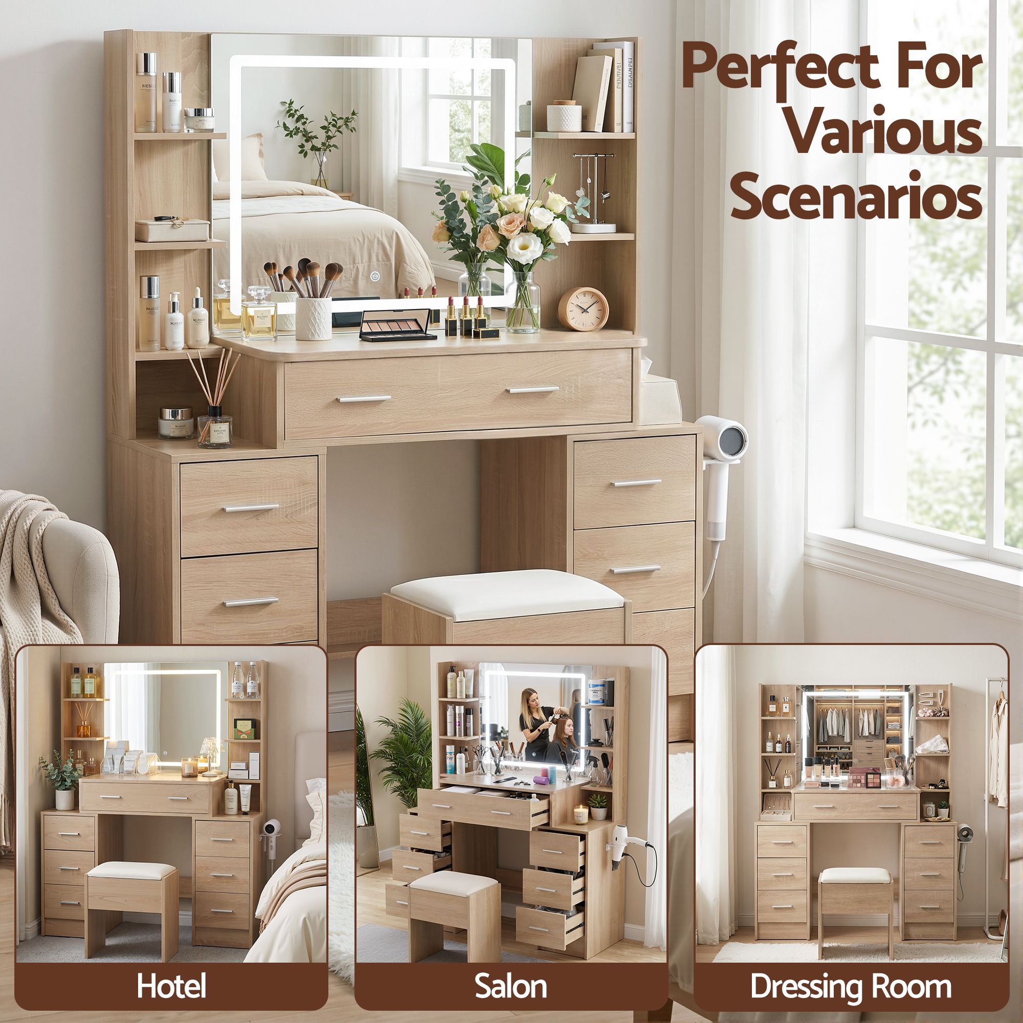 Artiss Dressing Table Vanity Desk Set Stool LED Charging Station Wood