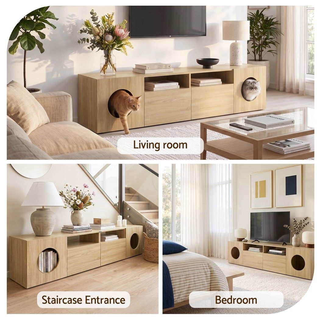 Artiss 185CM TV Unit with Cat House Storage Cabinet Pine