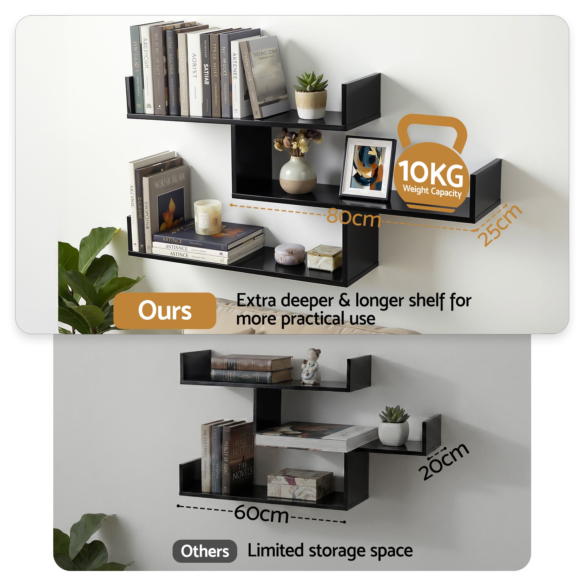 Bookcases & Shelves: Artiss Floating Wall Shelf 3 Tier Black