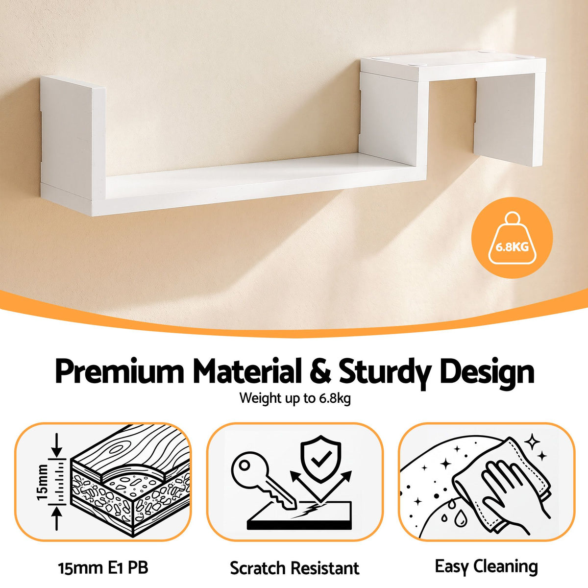 Artiss Set of 2 Floating Shelves Wall Mounted S-Shape Display Ledge, White