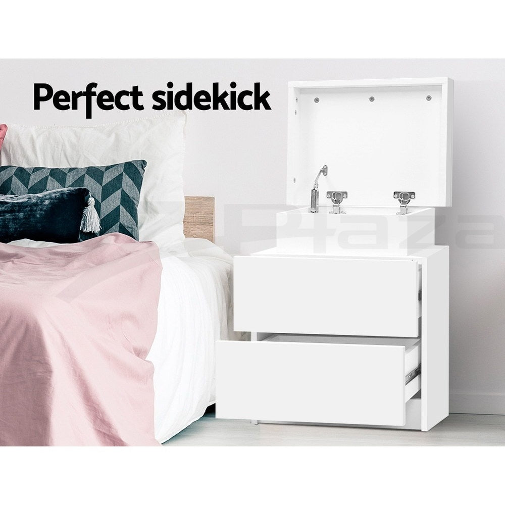 Bedside Tables: Artiss 2X Bedside Table 2 Drawers Lift-up Storage White