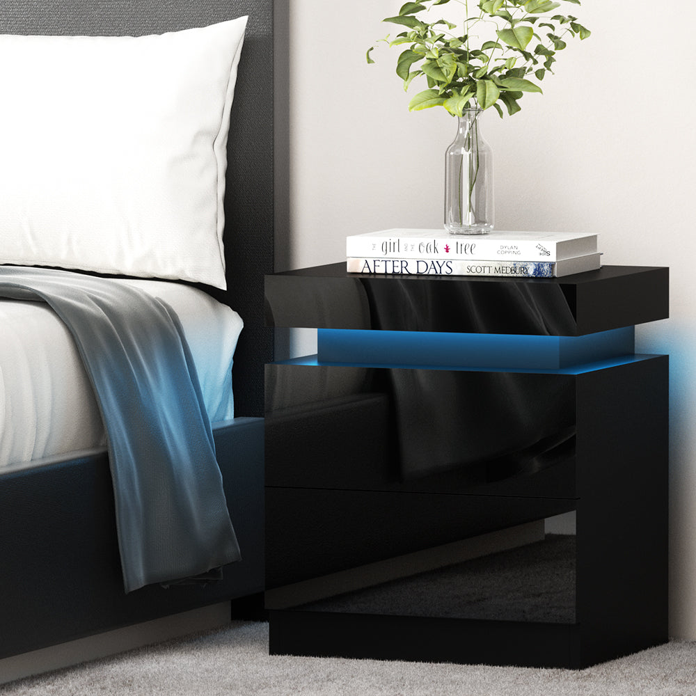 Bedside Tables: Artiss Bedside Table LED 2 Drawers Lift-up Storage - COLEY Black