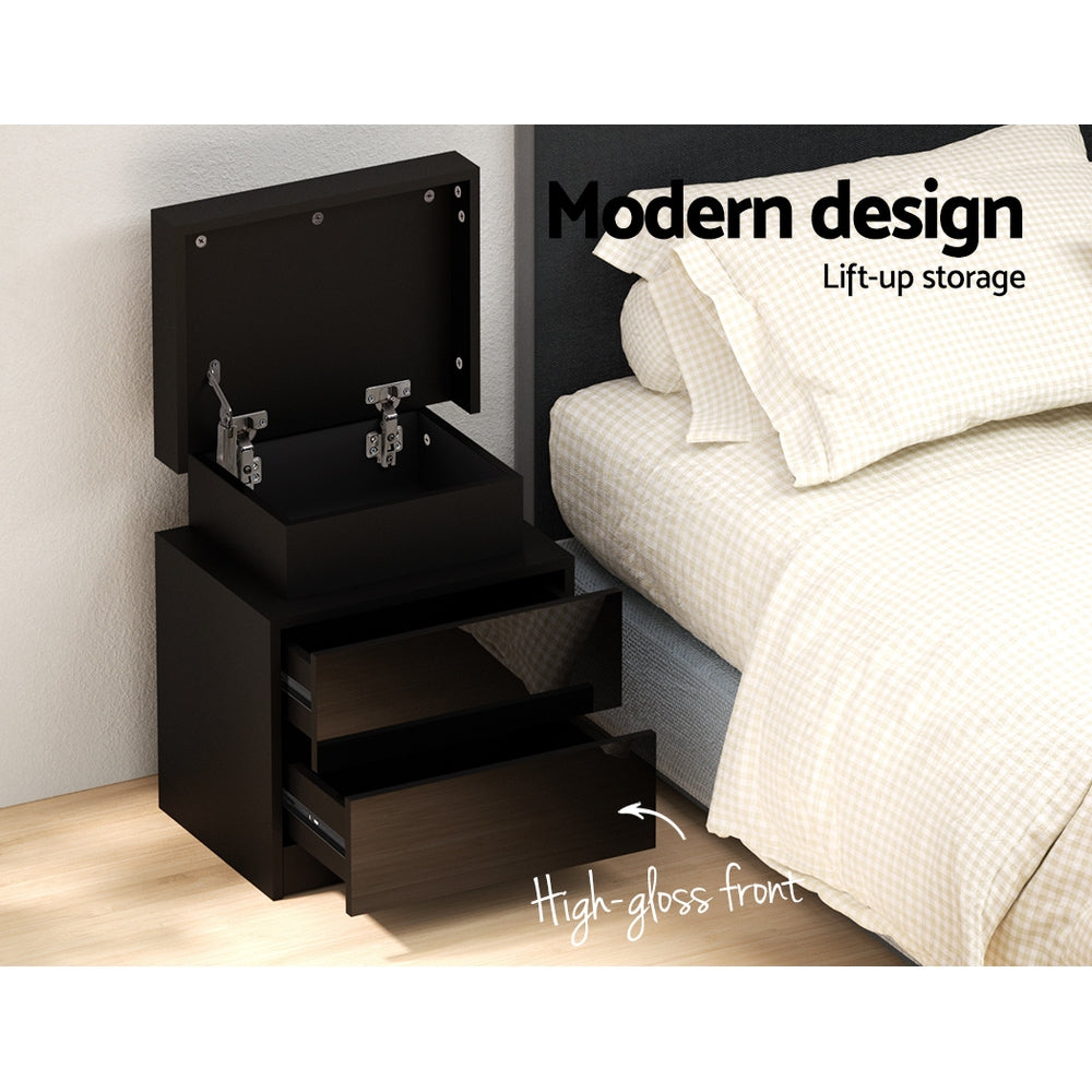 Bedside Tables: Artiss Bedside Table LED 2 Drawers Lift-up Storage - COLEY Black