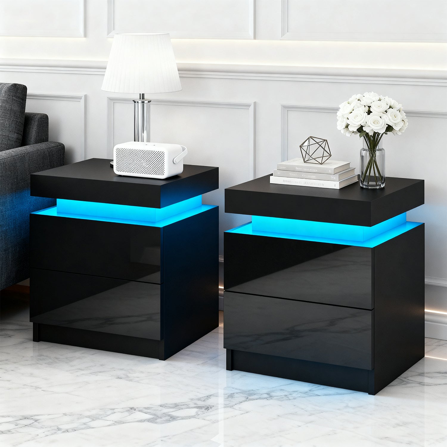 Bedside Tables: Artiss 2X Bedside Table LED 2 Drawers Lift-up Storage - COLEY Black