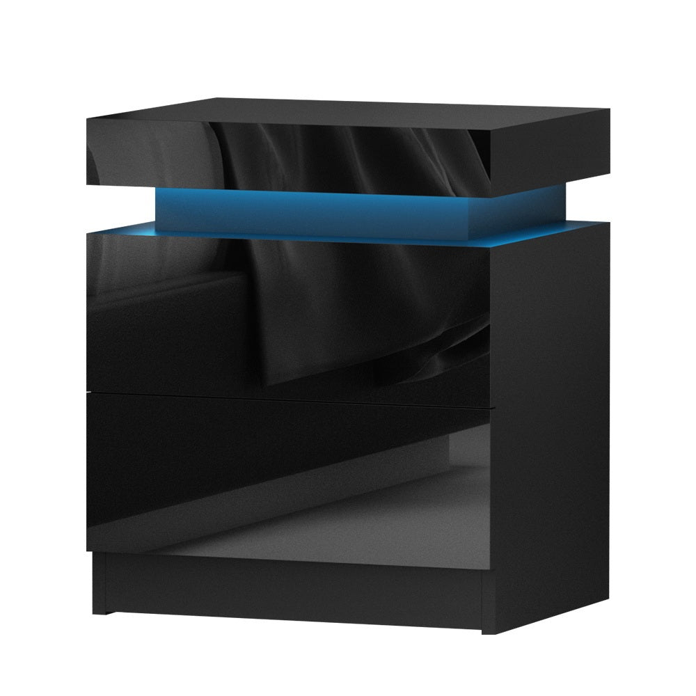 Bedside Tables: Artiss 2X Bedside Table LED 2 Drawers Lift-up Storage - COLEY Black