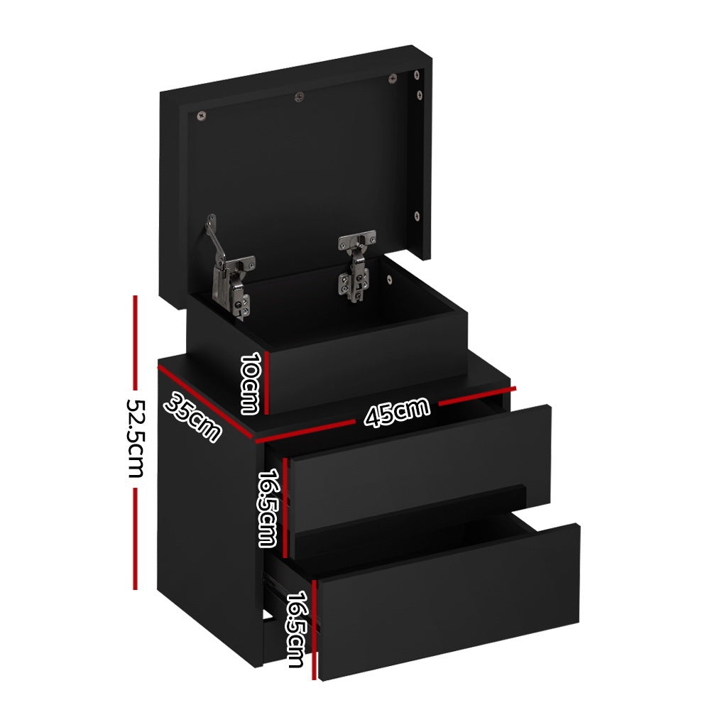 Bedside Tables: Artiss 2X Bedside Table LED 2 Drawers Lift-up Storage - COLEY Black