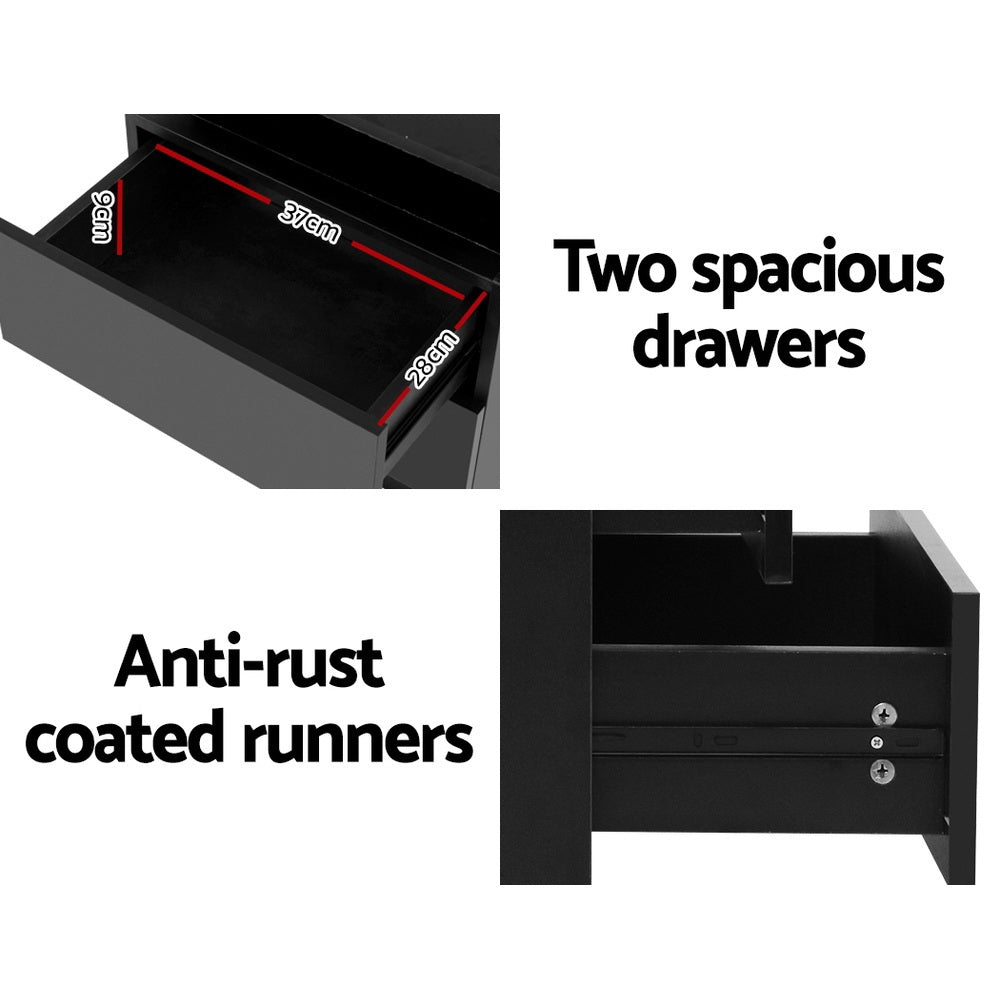 Bedside Tables: Artiss 2X Bedside Table LED 2 Drawers Lift-up Storage - COLEY Black