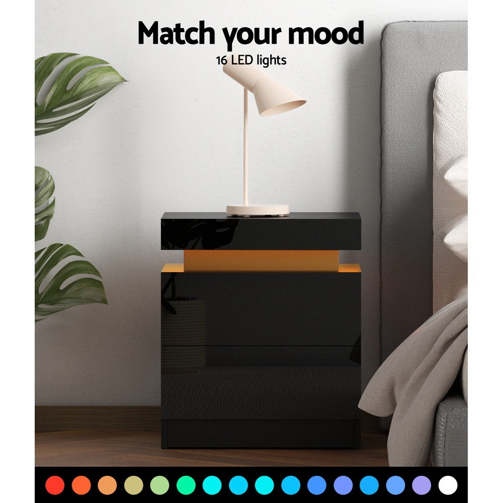 Bedside Tables: Artiss 2X Bedside Table LED 2 Drawers Lift-up Storage - COLEY Black
